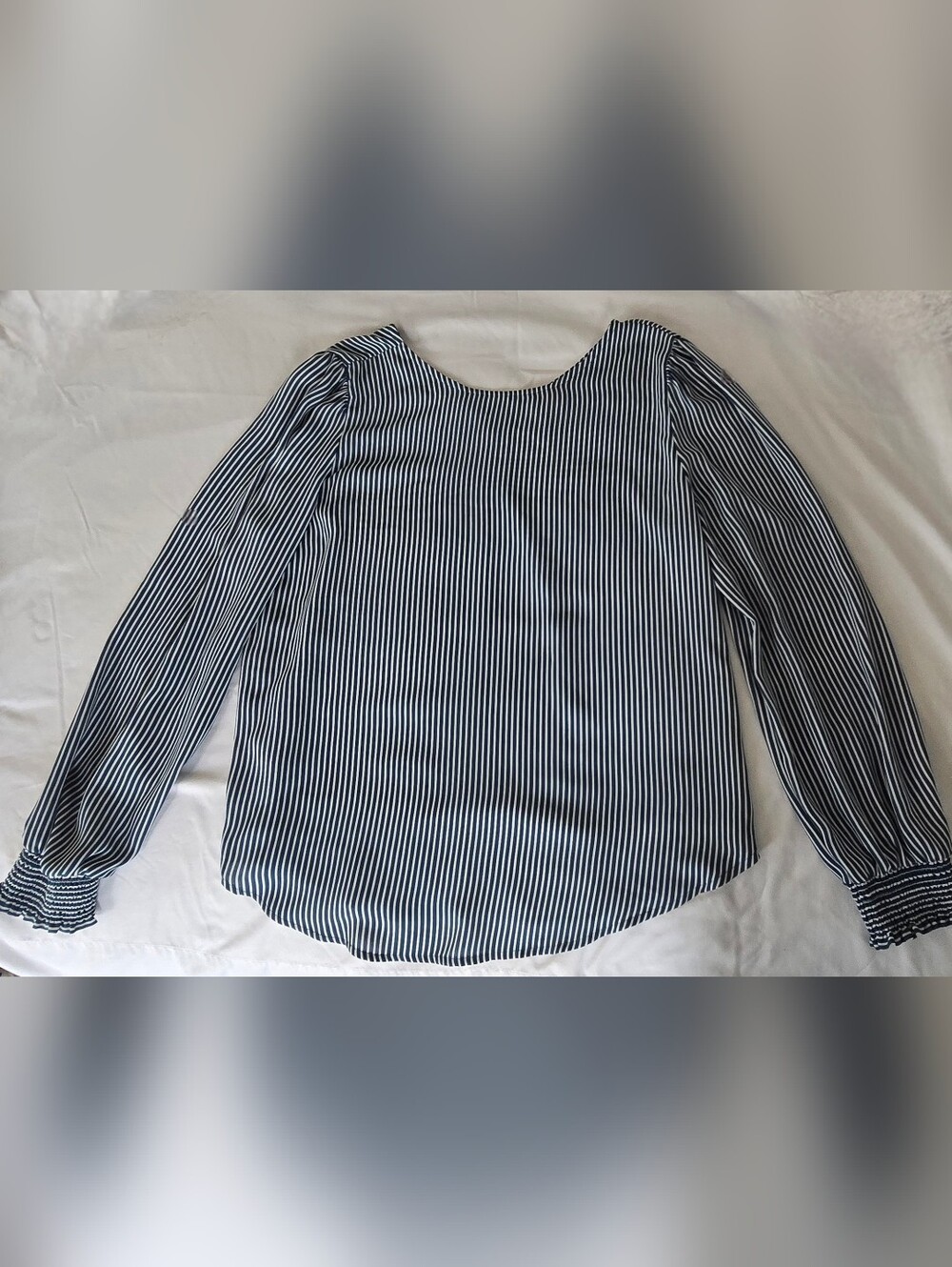Striped Long-Sleeve Women's Blouse - Dark Green and White